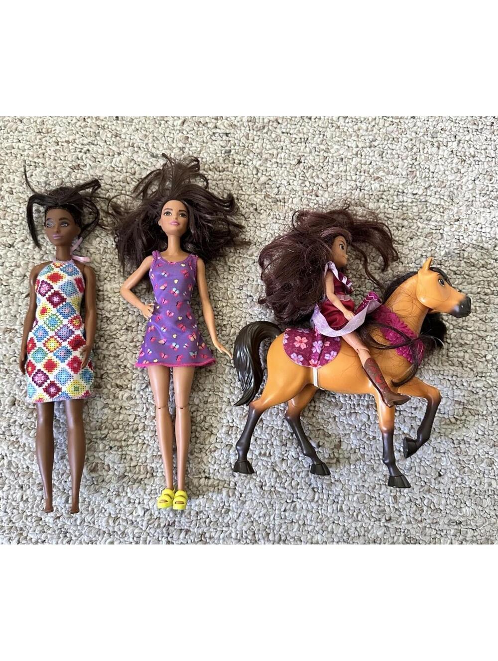 Barbie Lot 3 Fashionistas Patterned Dress Doll & Spirit Untamed Lucky with Horse